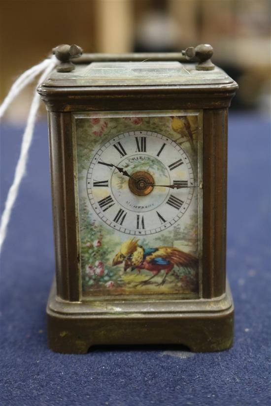 A French brass and enamel miniature carriage timepiece height 8cm